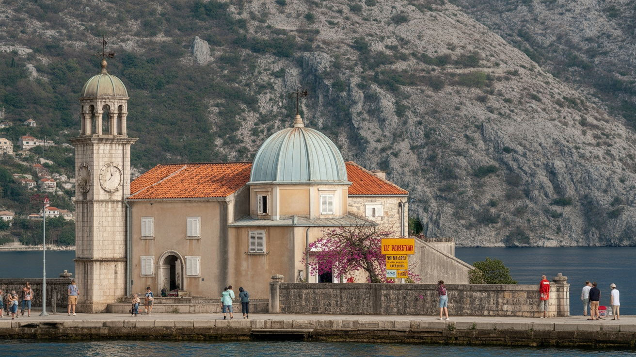 Perast's baroque bell tower and the Our Lady of the Rocks island — allow 2 hours minimum here