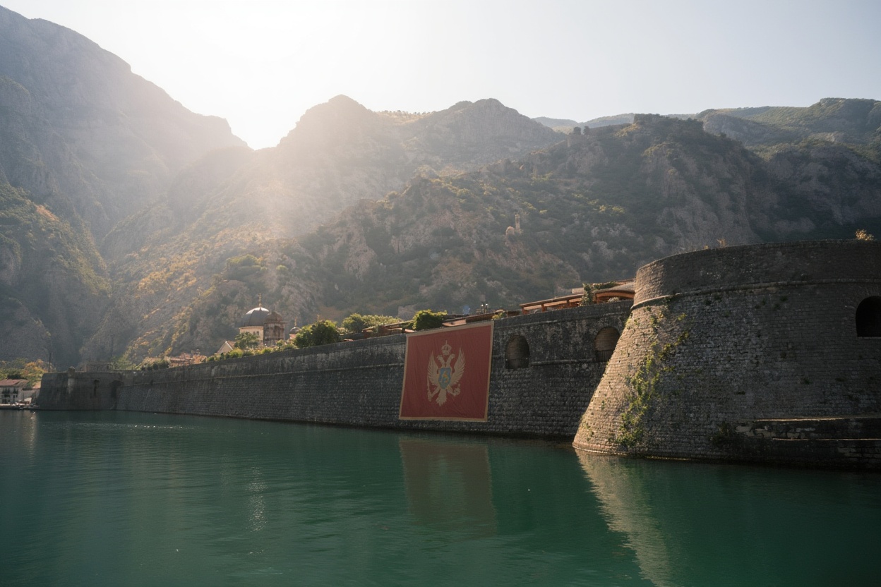 Kotor Old Town from above — the triangular walled city at the corner of the bay, the fortress walls climbing the cliff behind