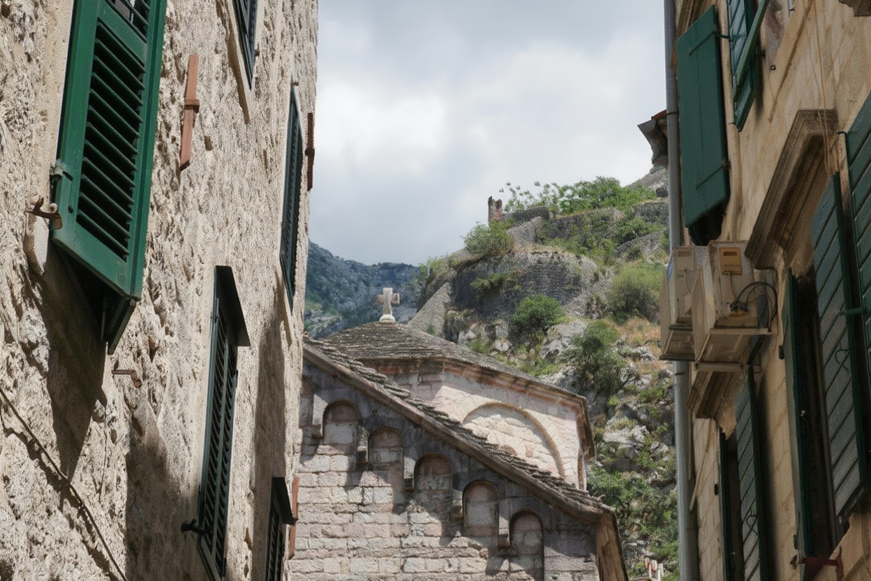 The fortress walls above Kotor — 1,350 steps up to St. John's Fortress, the best views in the Bay of Kotor