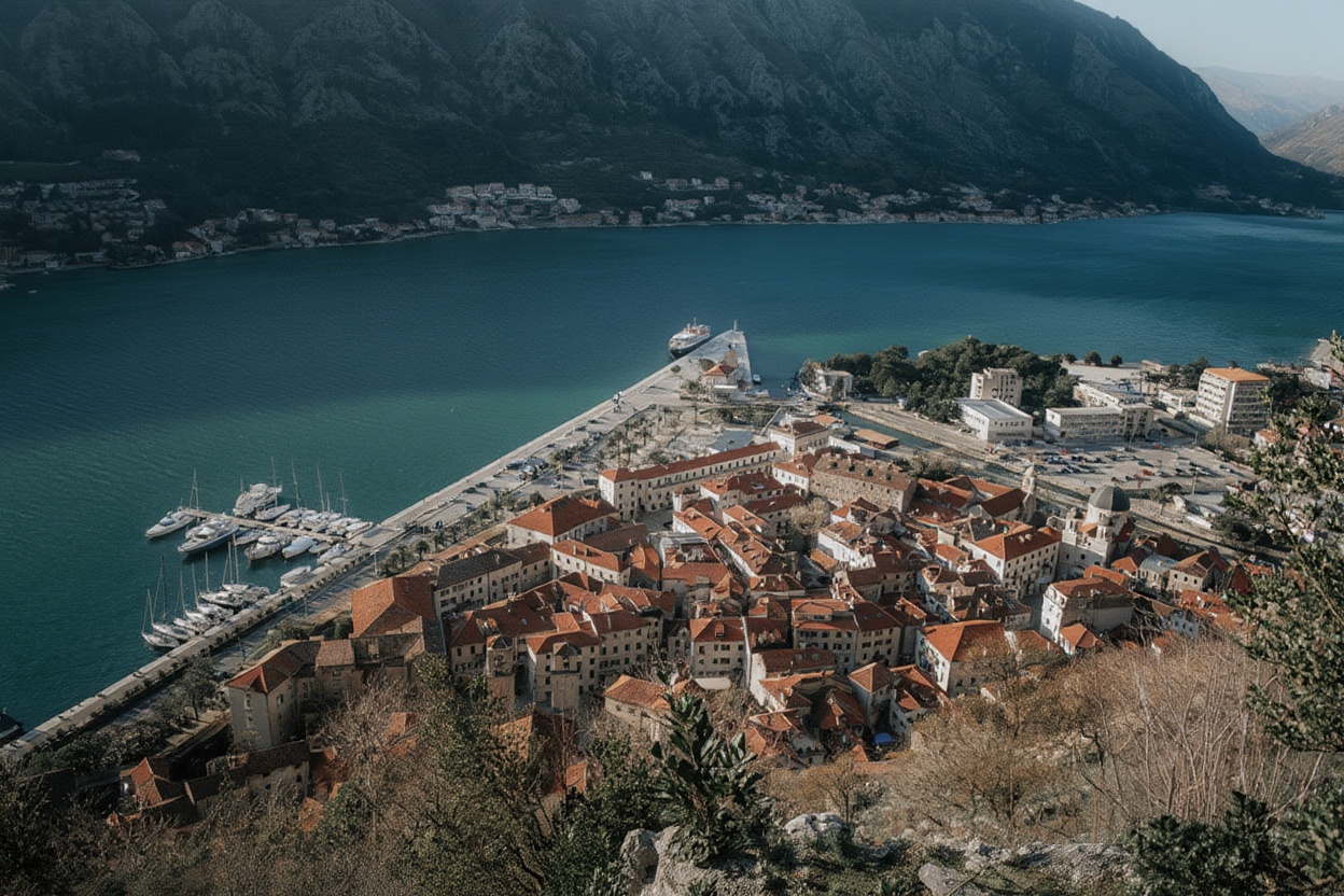 The city walls climbing to San Giovanni Fortress — the Bay of Kotor spreads below