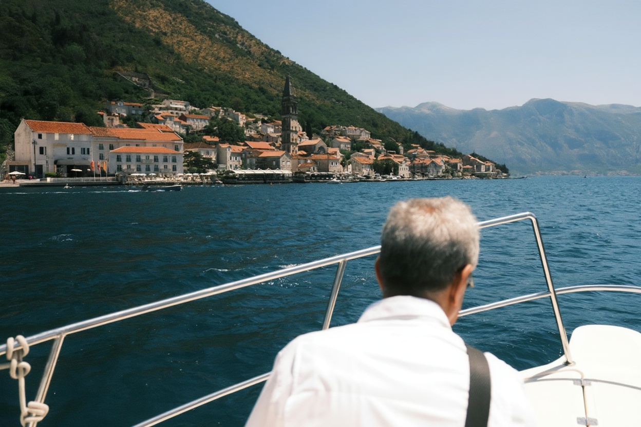 The Bay of Kotor from a boat — the view back toward Kotor takes 30 minutes to reach this perspective